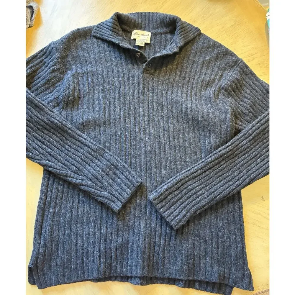 VTG 90s Eddie Bauer Henley Wool Sweater Fisherman Collared Ribbed Chunky Mens M